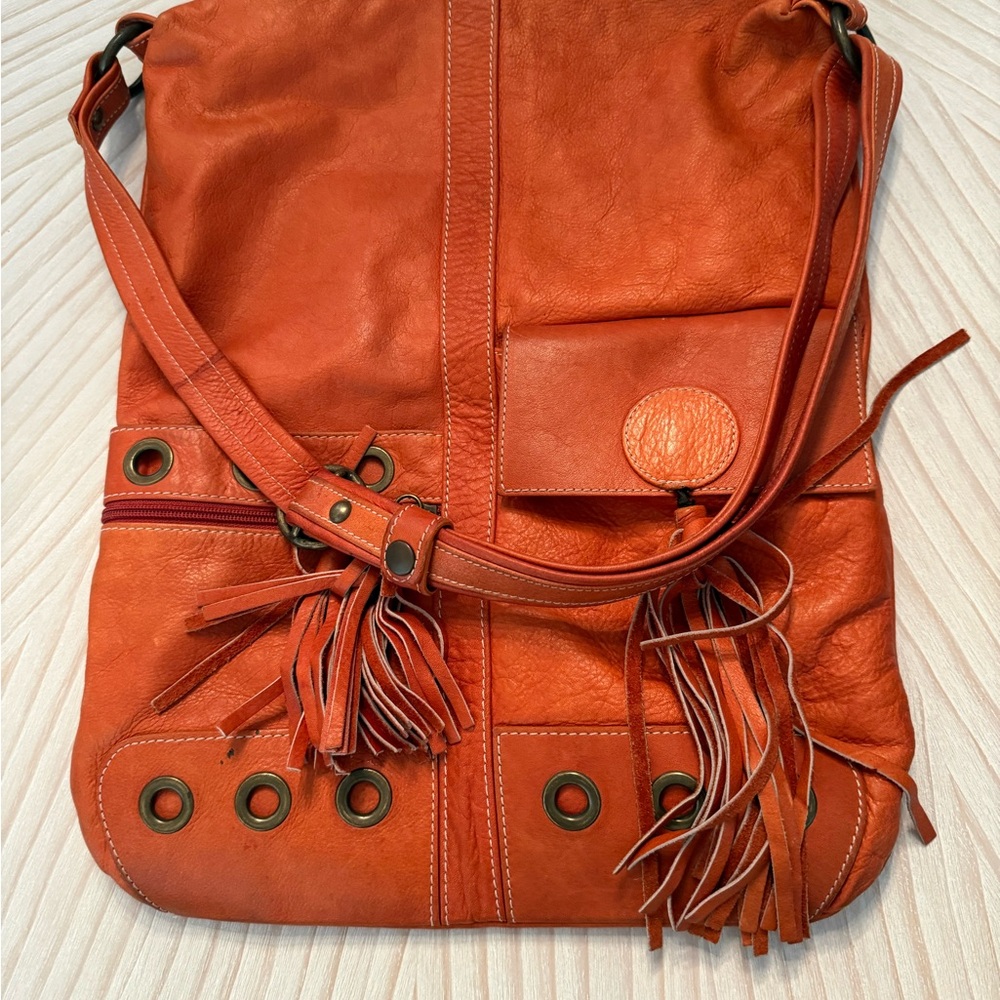 Avorio Italian Leather Orange Shoulder Bag with Tassels